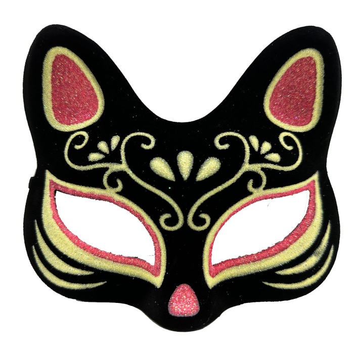 Siyah Renk Süet Kaplama Üzeri Kırmızı Sarı Simli Kedi Maskesi 17x14 cm