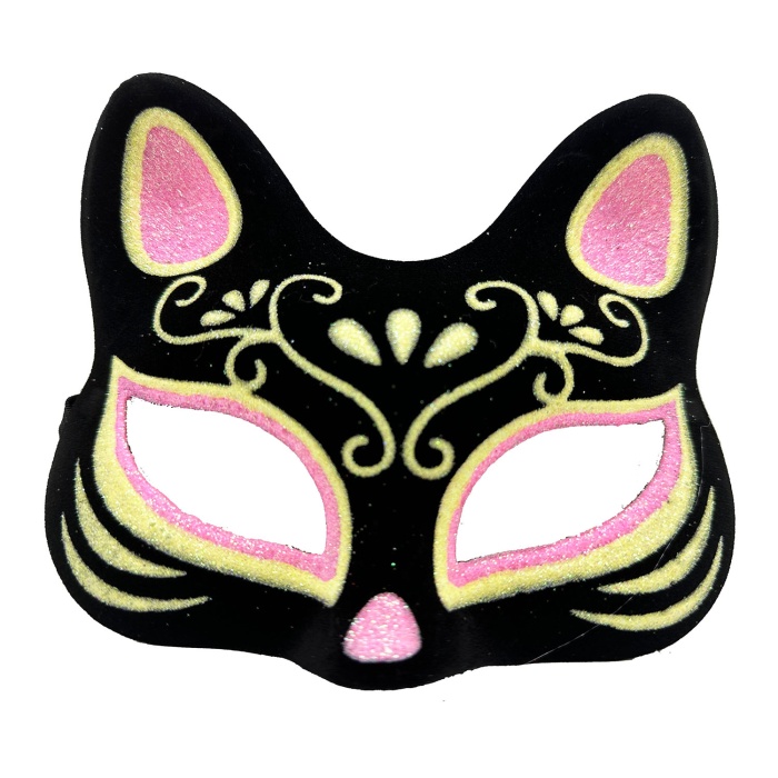 Siyah Renk Süet Kaplama Üzeri Pembe Sarı Simli Kedi Maskesi 17x14 cm