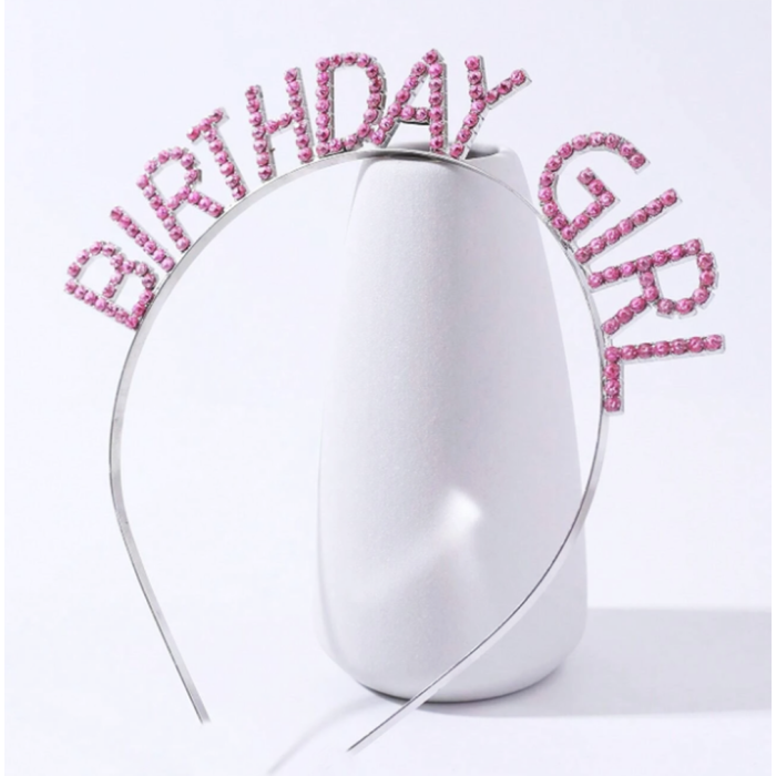 Pembe Renk Kristal Taşlı Parlak Birthday Girl Yazılı Taç 16x17 cm