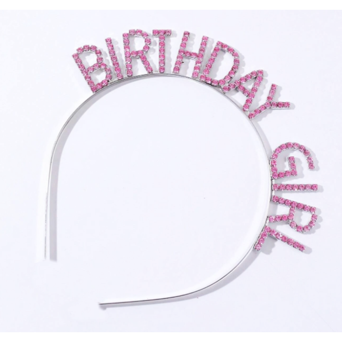 Pembe Renk Kristal Taşlı Parlak Birthday Girl Yazılı Taç 16x17 cm