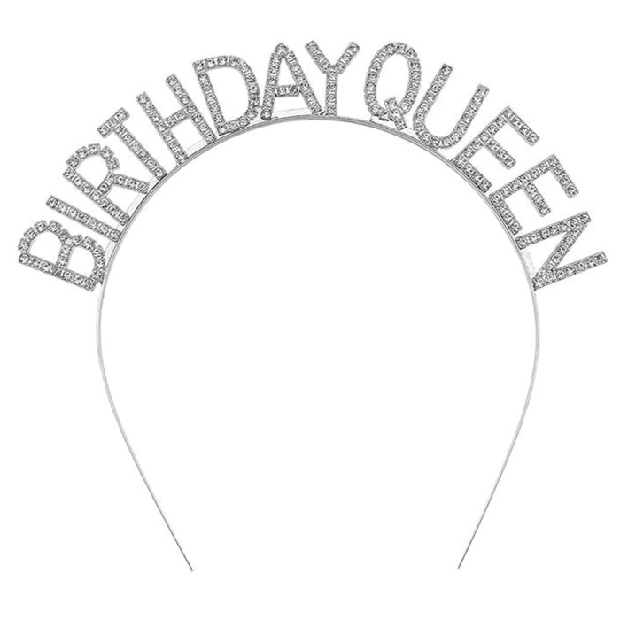 Gümüş Renk Kristal Taşlı Parlak Birthday Queen Yazılı Kraliçe Taç 16x17 cm