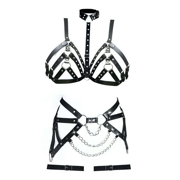 Büyük Beden Deri Fantazi Harness Sütyen Takım