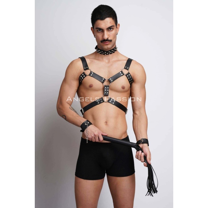 Kırbaç ve Çivili Choker Detaylı Erkek Fantazi Giyim, Deri Erkek Harness Takım