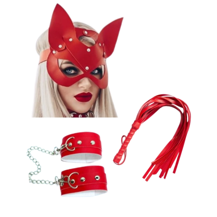 Fantezi Deri Seksi Kırmızı Kedi Maske Kelepçe Kırbaç Seti ( 3’lü set)