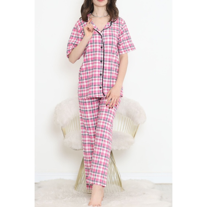 Düğmeli Pijama Takımı Pembekareli