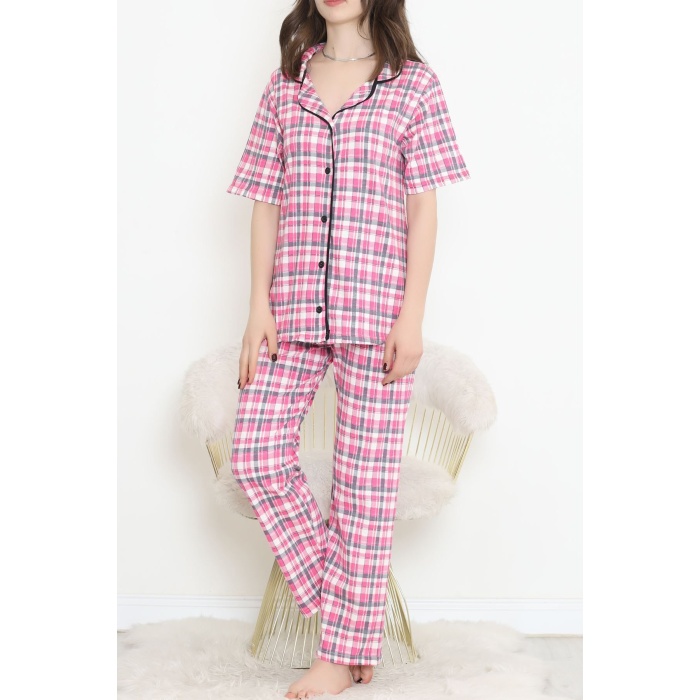 Düğmeli Pijama Takımı Pembekareli