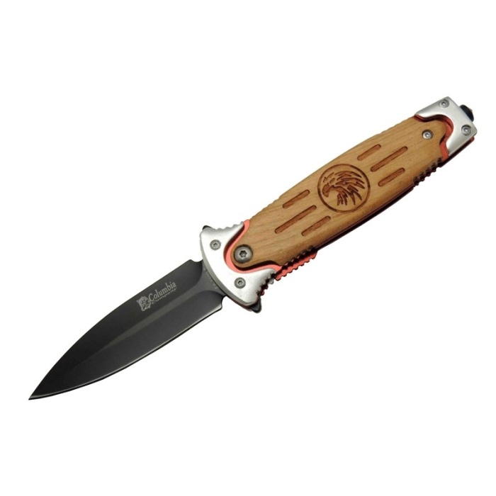 FS 11032 Kahverengi Kurtarma / Kamp Çakısı 20cm - Kartal İşlemeli Ahşap Sap, Cam Kırma Aparatlı