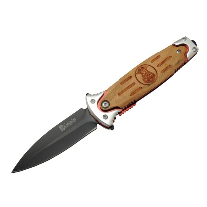 FS 11031 Kahverengi Kamp Çakı 20cm- Police İşlemeli, Ahşap Sap, Cam Kırma Aparatlı