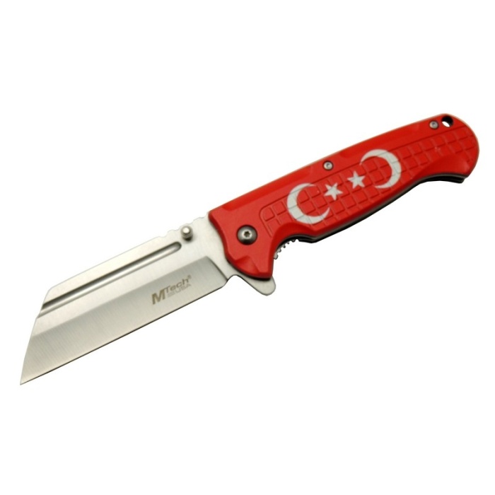 4-27 Kırmızı Tanto Kamp Çakı 21cm - Yarı Otomatik, Ay-Yıldız Baskılı Sap