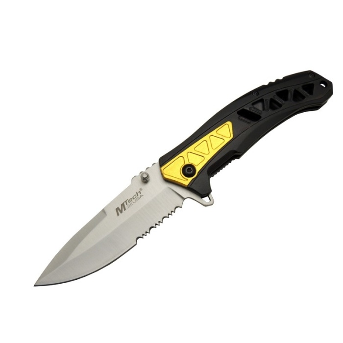 4191 Sarı Kamp Çakı 21cm - Yarı Otomatik, Testere Detaylı, Desenli Sap