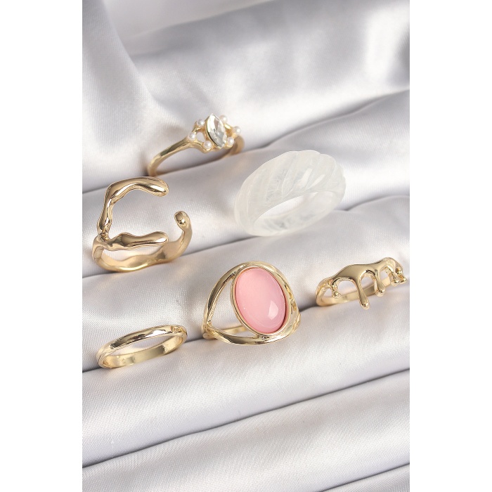 Pirinç Gold Renk Zirkonlı Oval Pembe Mineli 6Lı Kadın Yüzük Seti - TJ-BYK3638