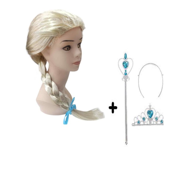 Örgülü Karlar Ülkesi Frozen Elsa Peruğu Tacı ve Sopası Çocuk Boy