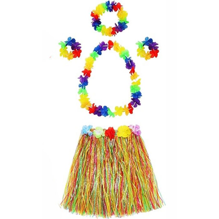 Yetişkin ve Çocuk Uyumlu Luau Aloha Hawaii  Kolye Renkli Etek Taç ve Bileklik Seti