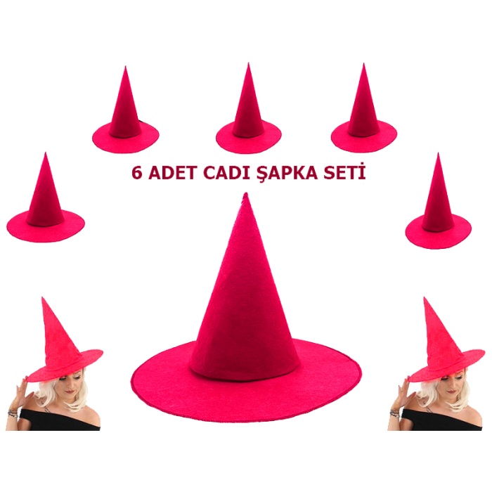   Pembe Fuşya Renk Keçe Cadı Şapkası Yetişkin Çocuk Uyumlu 6 Adet