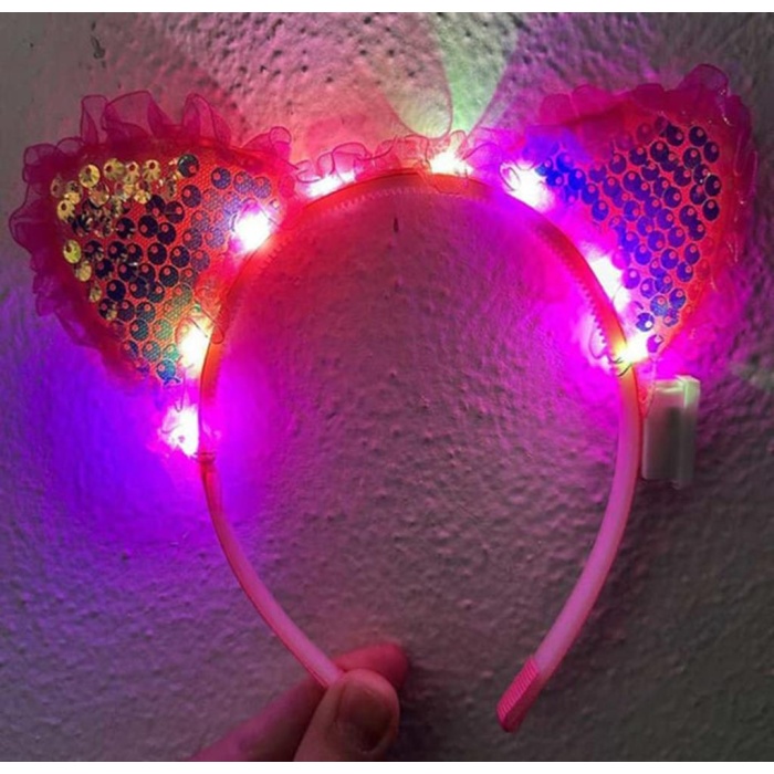   Kenarları Dantelli Fuşya Pullu Payetli Led Işıklı Kedi Kulak Taç 17x19 cm