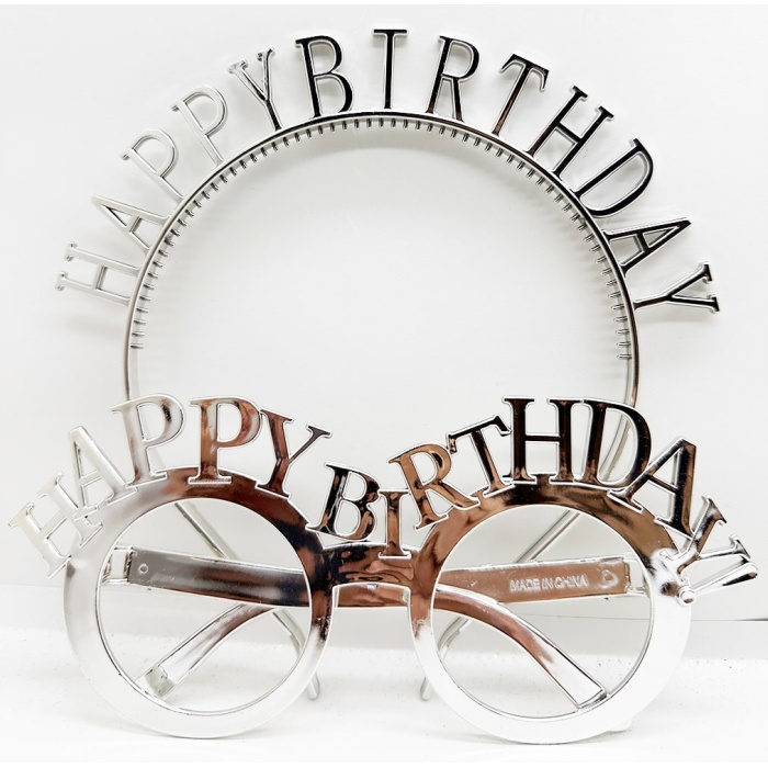 HappyBirthdayYazılıTaçveHappyBirthdayYazılıGözlükSetiGümüşRenk