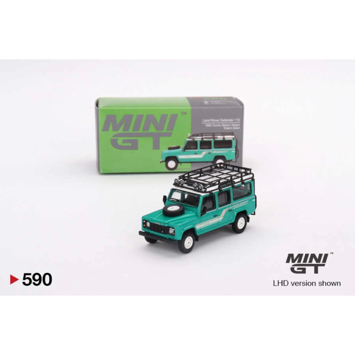 Mini GT 1/64 Land Rover Defender 110 1985 County Station Wagon Trident Green