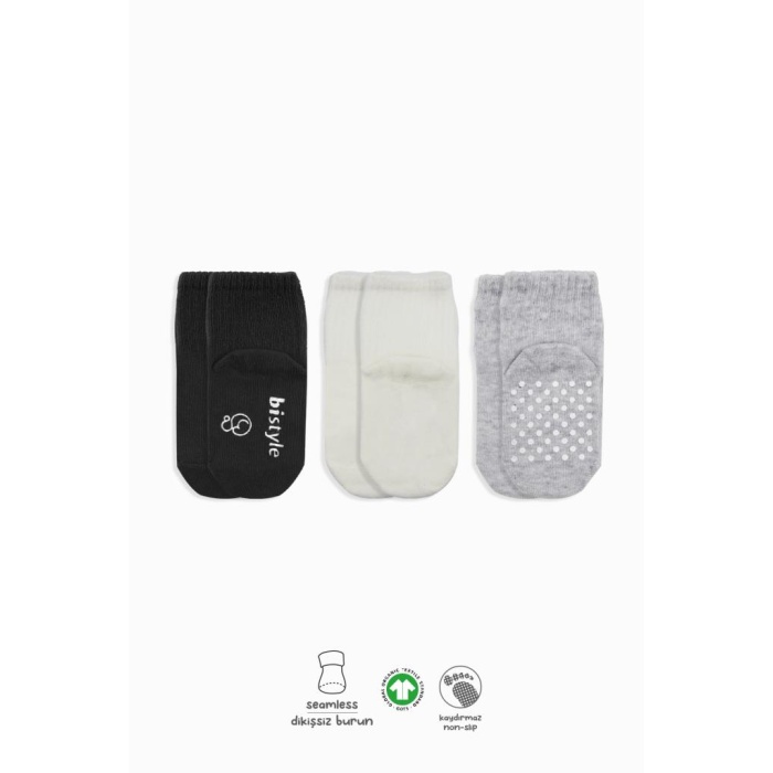 Bistyle Basic Kaymaz Penye Soket Çorap 3Lü BS10106 Siyah Ekru Gri