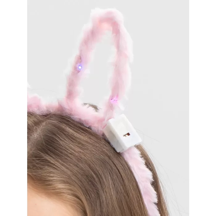 Led Işıklı Peluş Pofuduk Tavşan Kulak Tavşan Taç Pembe 17X23 cm