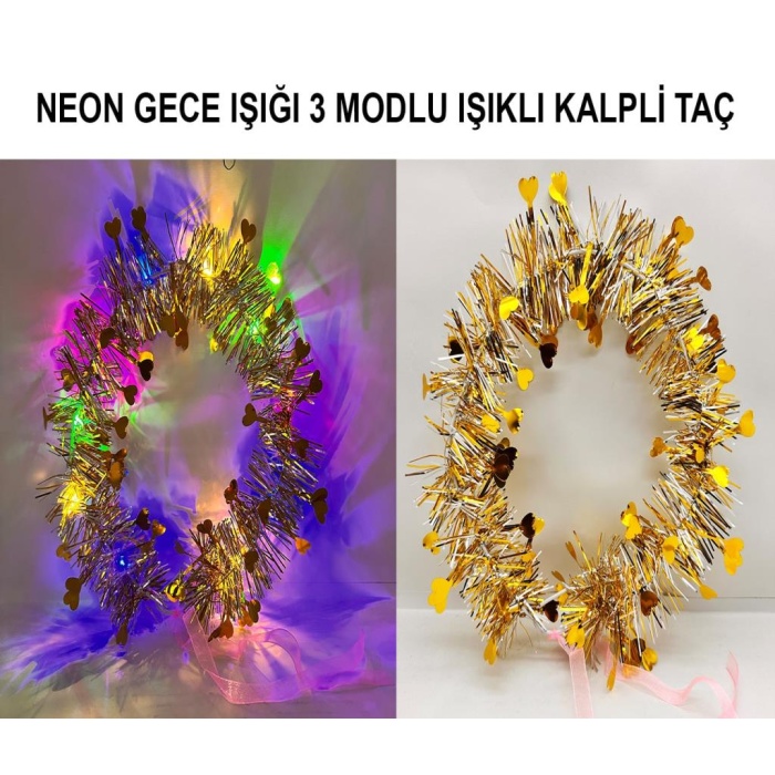 Kalp Püsküllü Gece Parıltısı 3 Modlu LED&#39;li Işıklı Taç Altın Renk