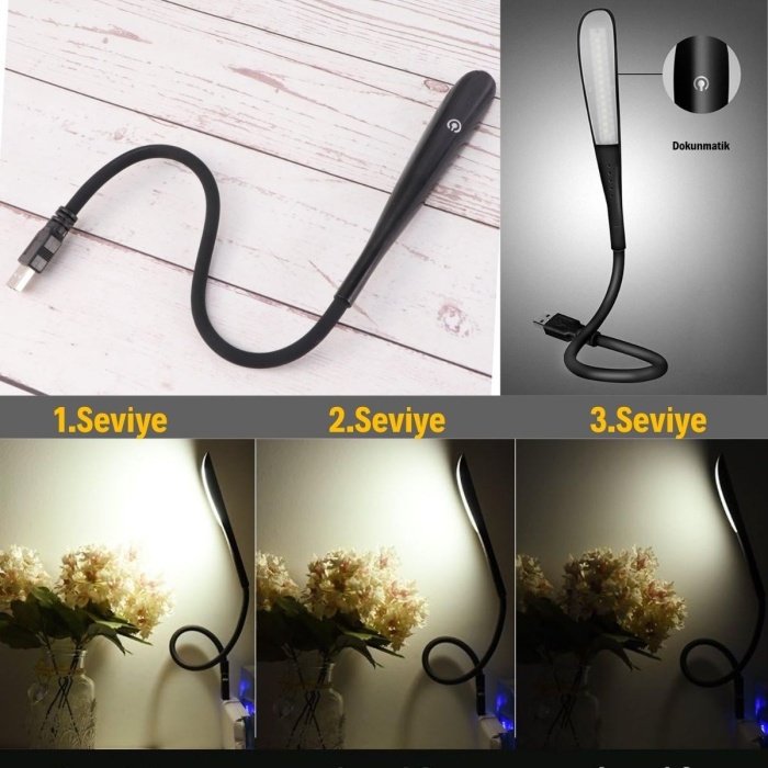 USB Girişli 14 Ledli 3 Kademeli Dokunmatik Masa/Kitap Okuma Lambası Ledi Siyah (3748)
