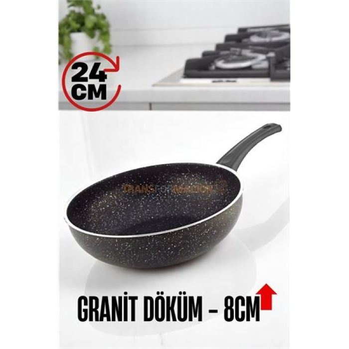 Granit Döküm 8 Cm Derin Wok Tava - Yapışmaz Wok Tava - 24 Cm