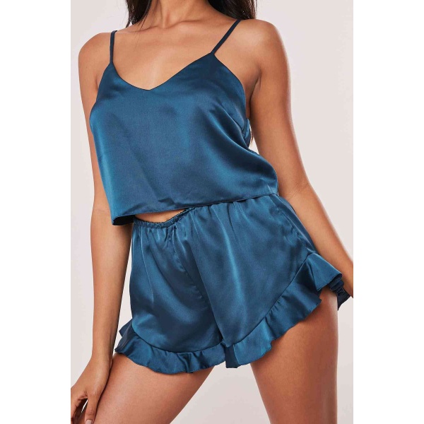 Merry See Saten Şortlu Pijama Takım Mavi