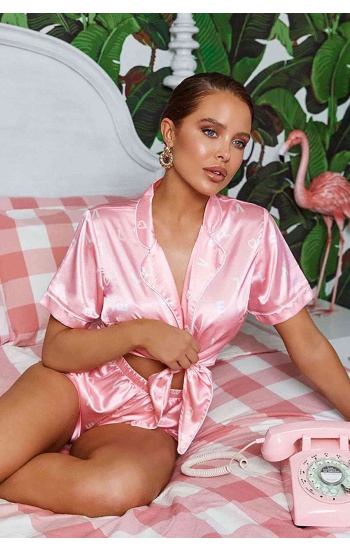 Merry See Baskılı Özel Tasarım Saten Şortlu Pijama Takım Pembe
