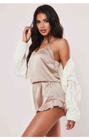 Merry See Saten Şortlu Pijama Takım Bej