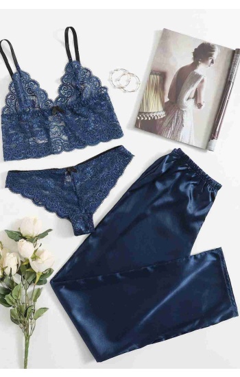 Merry See Dantel Sütyen Külot Saten Pijama Alt 3 lü Takım Lacivert