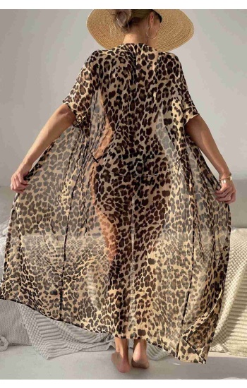 Angelsin Şifon Uzun Önden Bağlamalı Leopar Plaj Elbisesi Pareo Kimono Çok Renkli