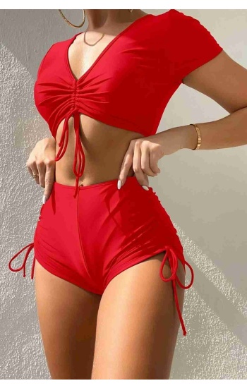 Angelsin Özel tasarım Yarım Kol Büzgü Detaylı Bikini Üstü Kırmızı
