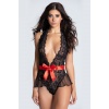 Siyah Dantel Desenli Kuşaklı Babydoll