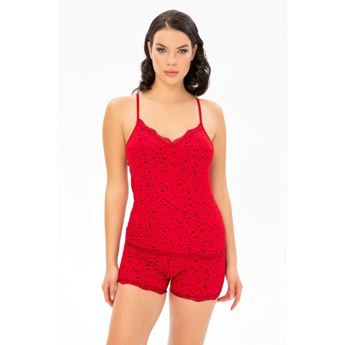 Kırmızı Yıldız Desenli Şortlu Pijama Takımı