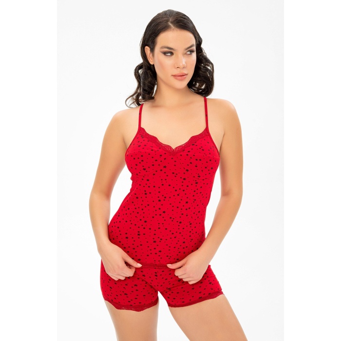 Kırmızı Yıldız Desenli Şortlu Pijama Takımı