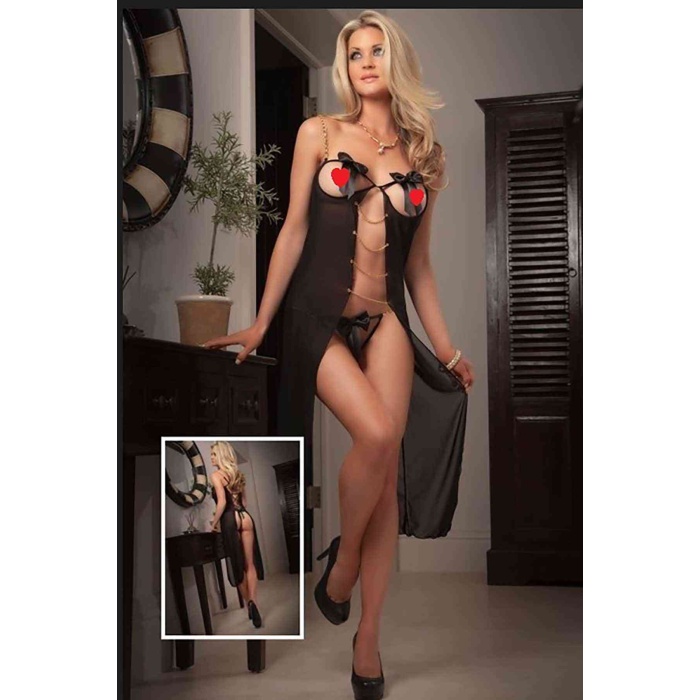 Merry See Önden Zincirli Siyah Seksi Gecelik