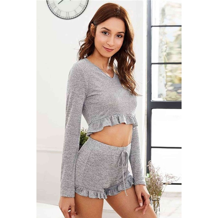 Merry See Gri Uzun Kollu Alt Üst Pijama Takım