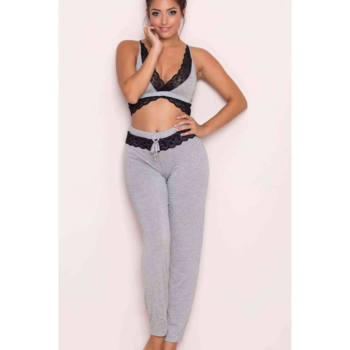 Merry See Gri Dantel İşlemeli Eşofman Pijama Alt Üst Takım