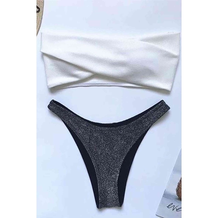 Angelsin Altı Simli Üstü Beyaz Bikini Takım Çok Renkli