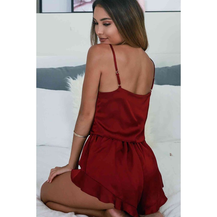 Merry See Saten Şortlu Pijama Takım Bordo