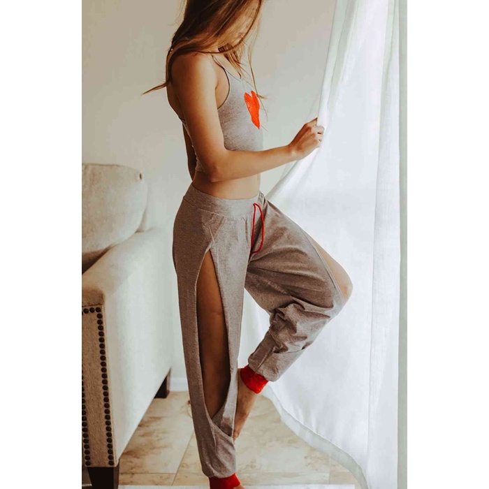 Merry See Özel Tasarım Dantel Kalp Tasarımlı Pijama Takım Gri