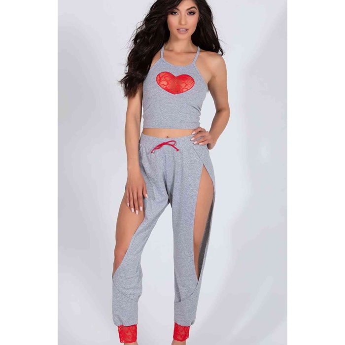 Merry See Özel Tasarım Dantel Kalp Tasarımlı Pijama Takım Gri