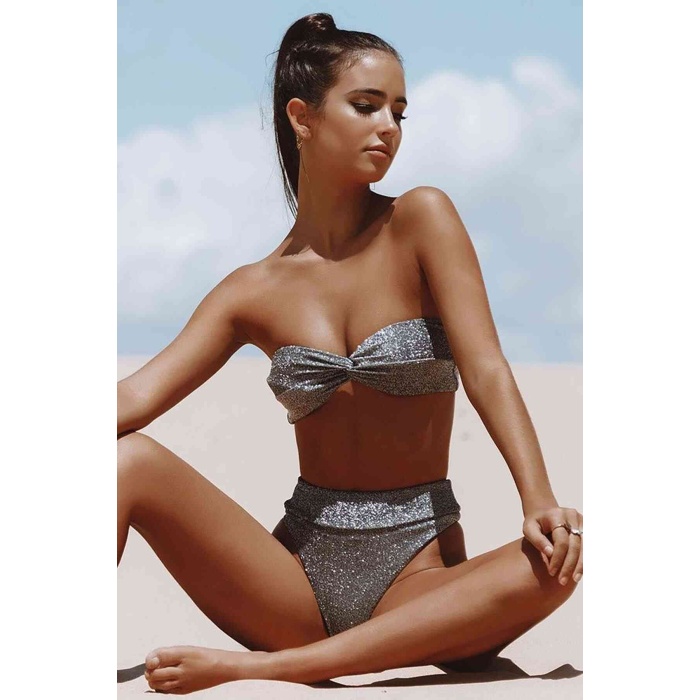 Angelsin Simli Straplez Bikini Alt Üst Takım Gri