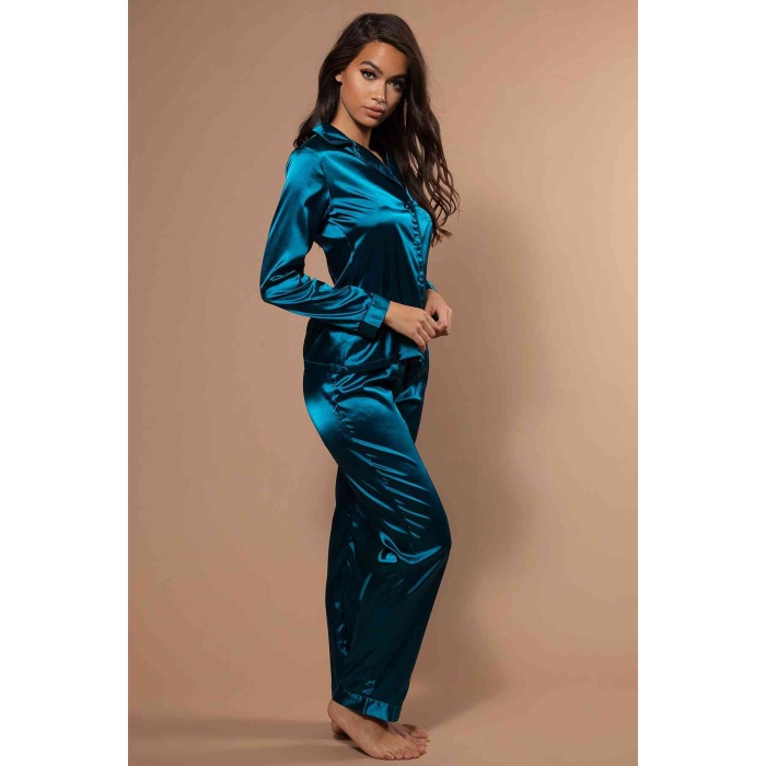 Merry See Saten Pijama Takım Düğmeli Yeşil