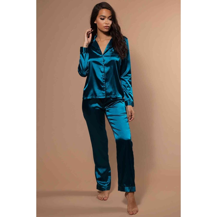 Merry See Saten Pijama Takım Düğmeli Yeşil