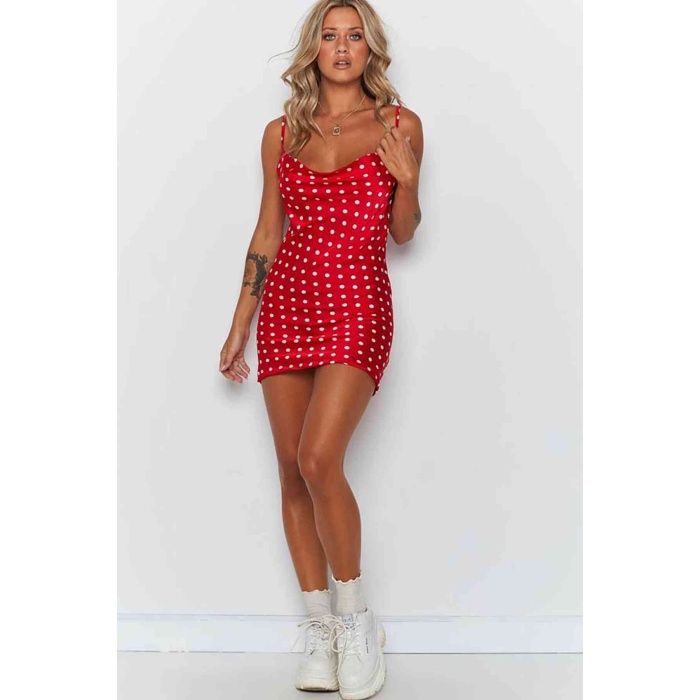 Merry See Saten Puantiyeli Mini Elbise Kırmızı