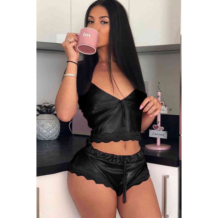 Merry See Saten Dantelli Şortlu Pijama Takım Siyah
