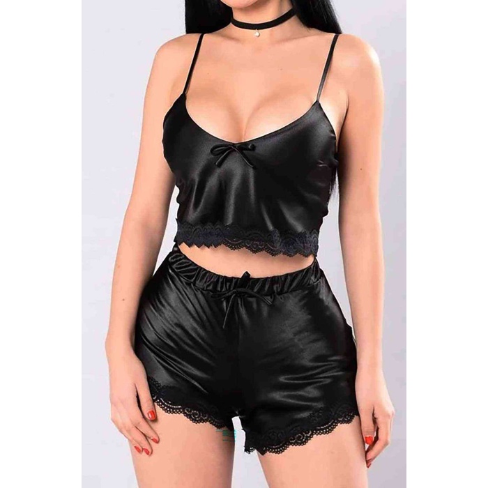 Merry See Saten Dantelli Şortlu Pijama Takım Siyah