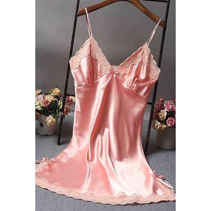Merry See Dantelli Kısa Saten Gecelik Pembe