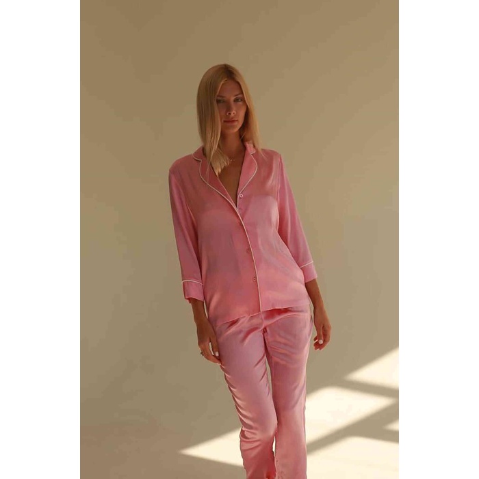Merry See Saten Pijama Takım Düğmeli Pembe